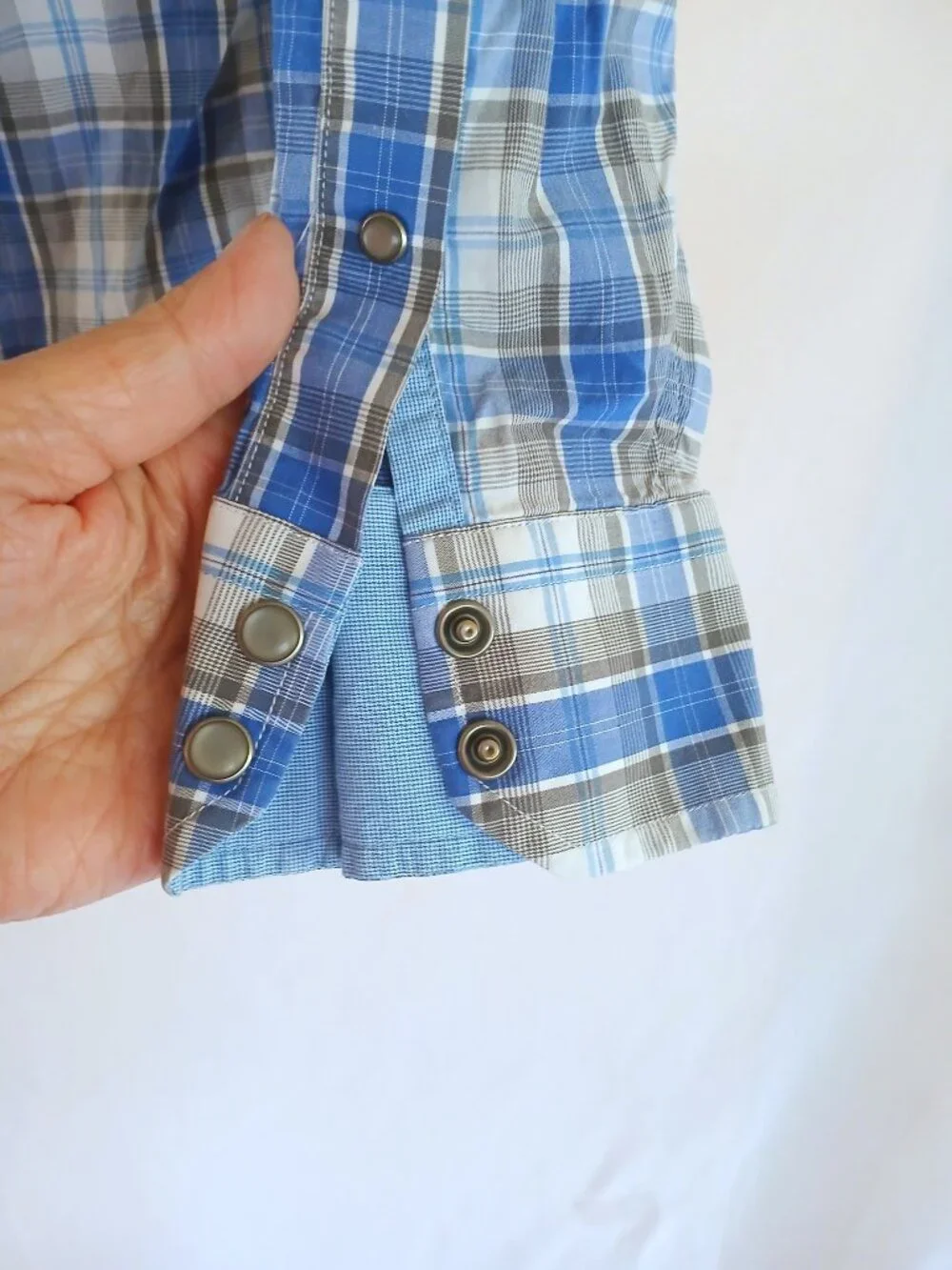 Banana Republic Blue Plaid Pearl Snap Shirt M Western Slim Fit Cowboy Ranch